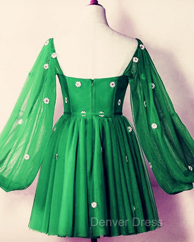 Short Green Puffy Sleeves Dresses With Daisy Flowers Secondary image