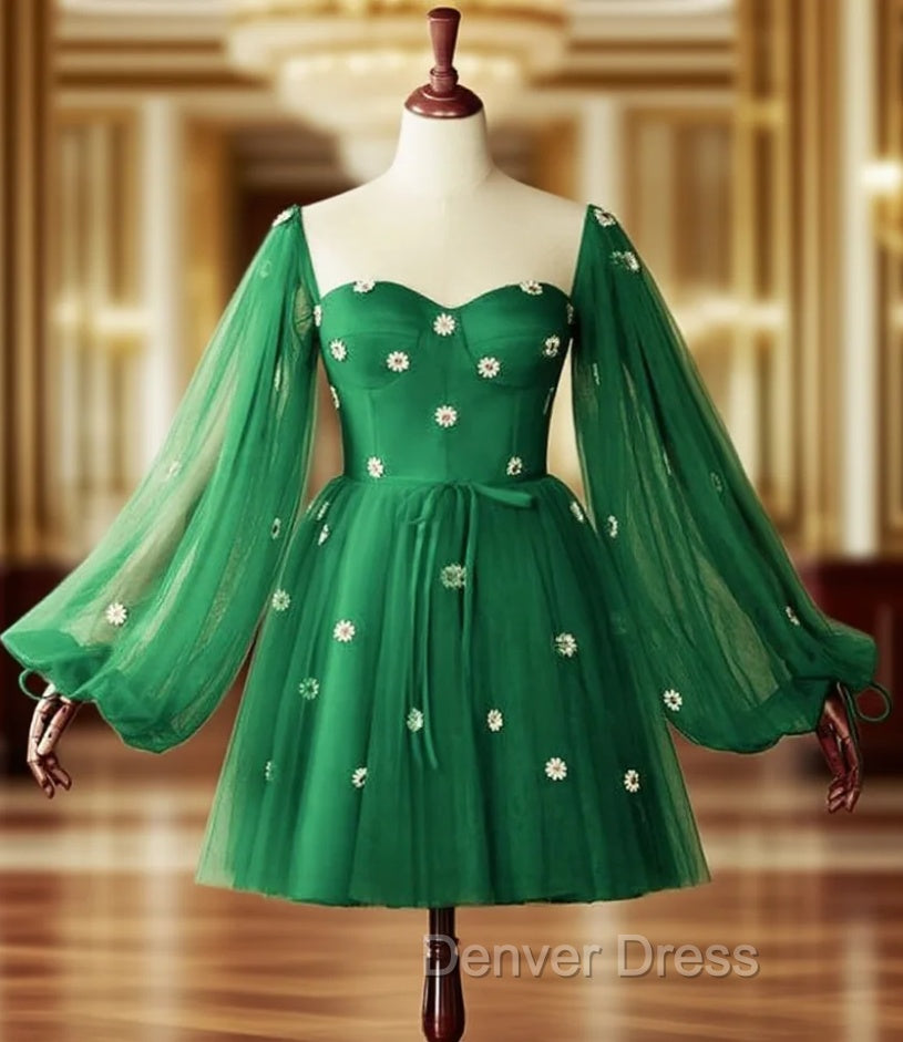 Short Green Puffy Sleeves Dresses With Daisy Flowers Main image