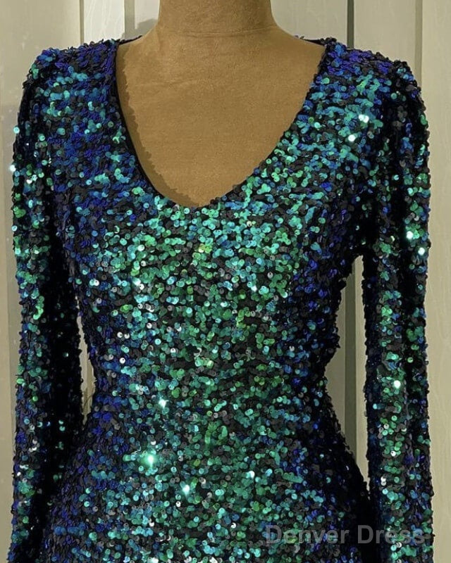 Short Green Sequin Prom Dress Long Sleeve V-Neck Secondary image