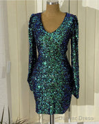 Short Green Sequin Prom Dress Long Sleeve V-Neck