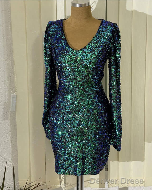 Short Green Sequin Prom Dress Long Sleeve V-Neck