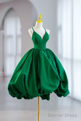 Short Green V Neck Satin Prom Dresses, Short Green V Neck Satin Formal Homecoming Dresses