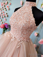 Short Halter Neck Pink Lace Prom Dress, Halter Neck Short Pink Lace Prom Homecoming Dresses