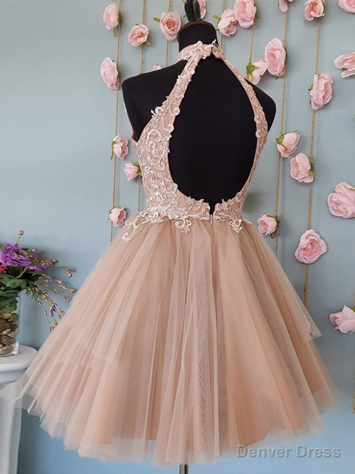 Short Halter Neck Pink Lace Prom Dress, Halter Neck Short Pink Lace Prom Homecoming Dresses Secondary image