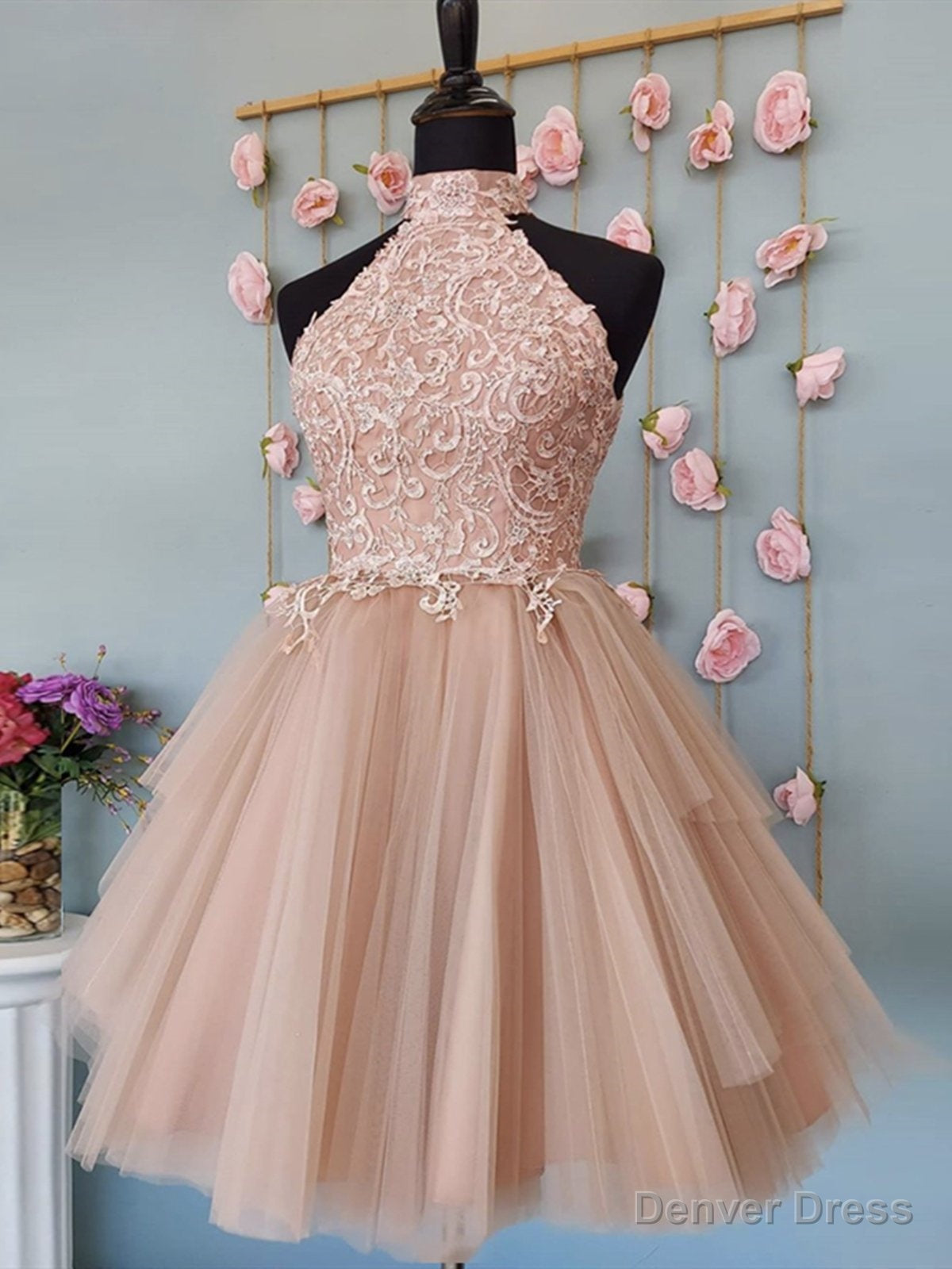 Short Halter Neck Pink Lace Prom Dresses, Halter Neck Short Pink Lace Formal Homecoming Dresses Main image