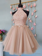 Short Halter Neck Pink Lace Prom Dress, Halter Neck Short Pink Lace Prom Homecoming Dresses