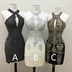 Short Halter Prom Homecoming Dresses Embroidery Beaded