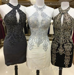 Short Halter Prom Homecoming Dresses Embroidery Beaded
