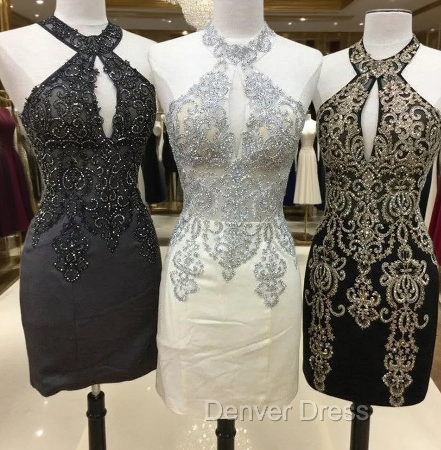 Short Halter Prom Homecoming Dresses Embroidery Beaded