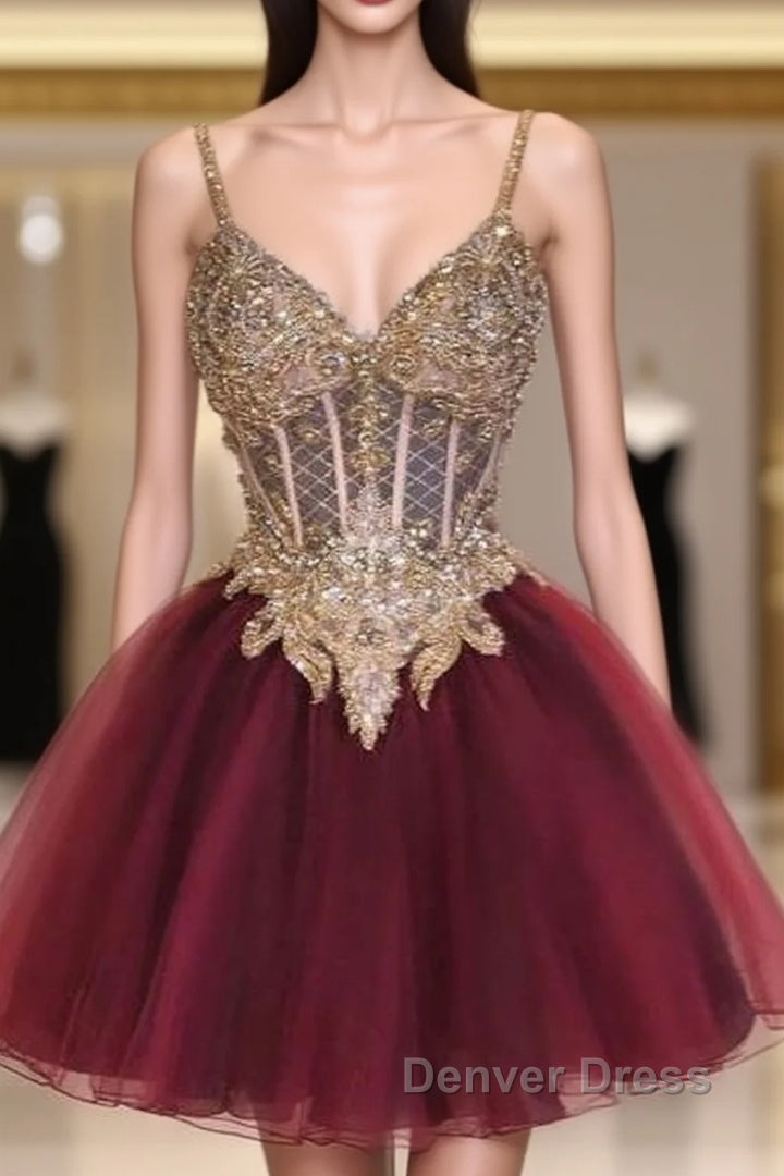 Short Homecoming Dresses Burgundy Beads Lace Homecoming Gown Main image