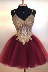Short Homecoming Dress Burgundy Beads Lace Homecoming Gowns