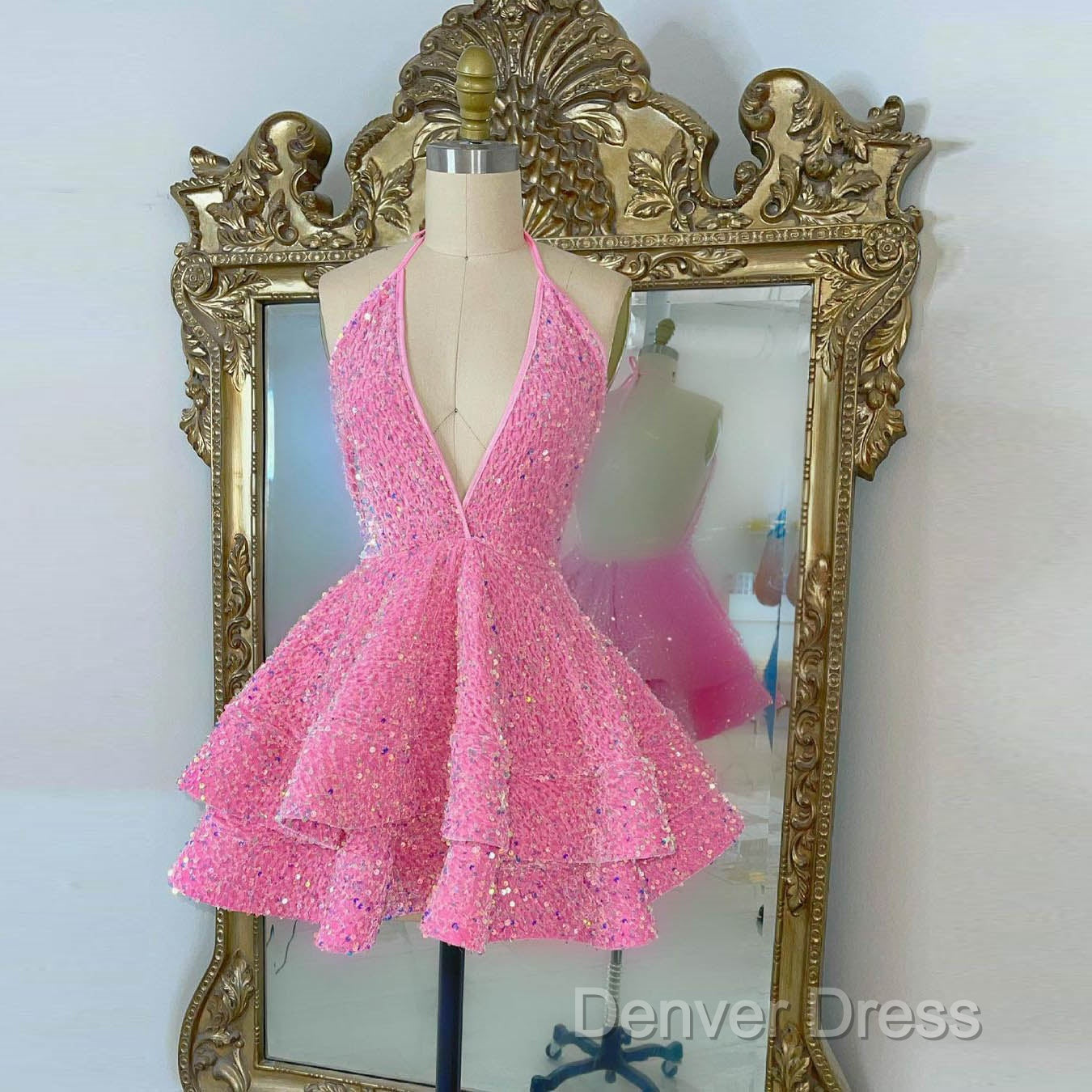 Short Homecoming Dress, Pink Sequin Homecoming Dresses Secondary image