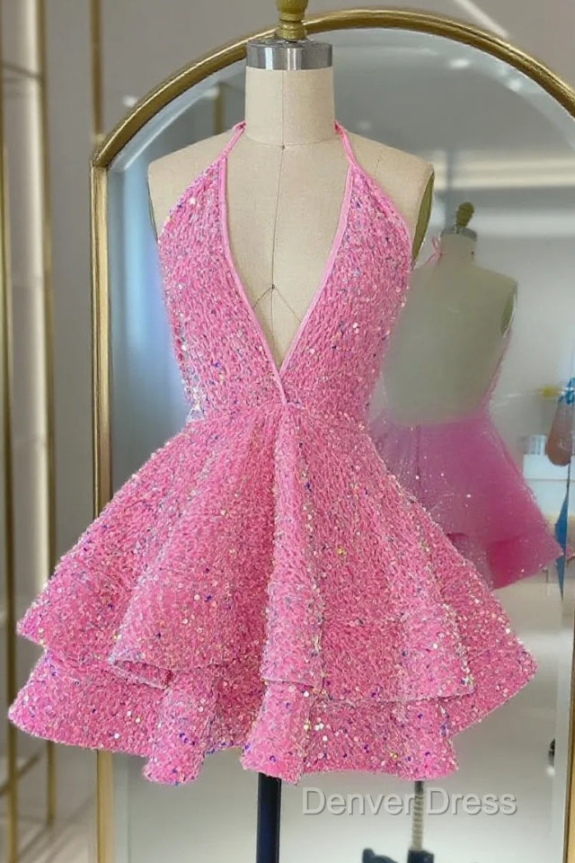 Short Homecoming Dress, Pink Sequin Homecoming Dresses Main image