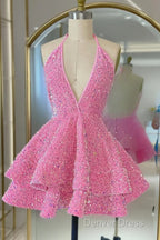 Short Homecoming Dress, Pink Sequin Homecoming Dresses