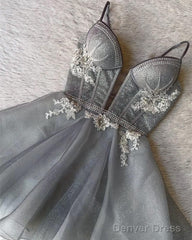 Short Lace Appliques V-Neck Silver Sparkly Dress