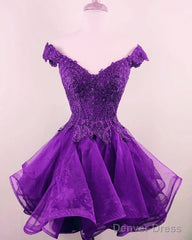 Short Lace Beaded V-Neck Off Shoulder Homecoming Dresses Organza
