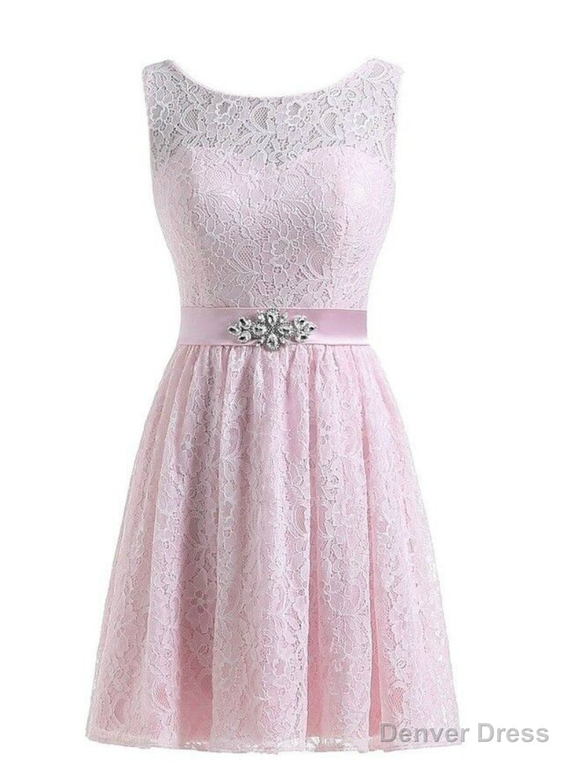 Short Lace Knee Length Sleeveless Bridesmaid Dresses With Crystal Main image