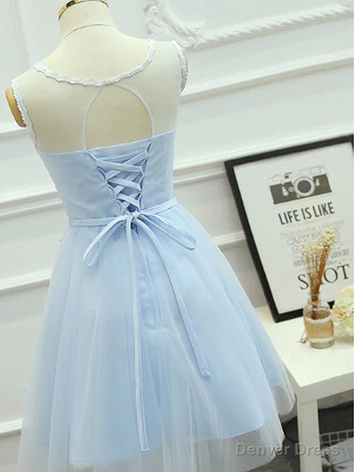 Short Light Blue Lace Prom Dress, light Blue Short Lace Graduation Hom