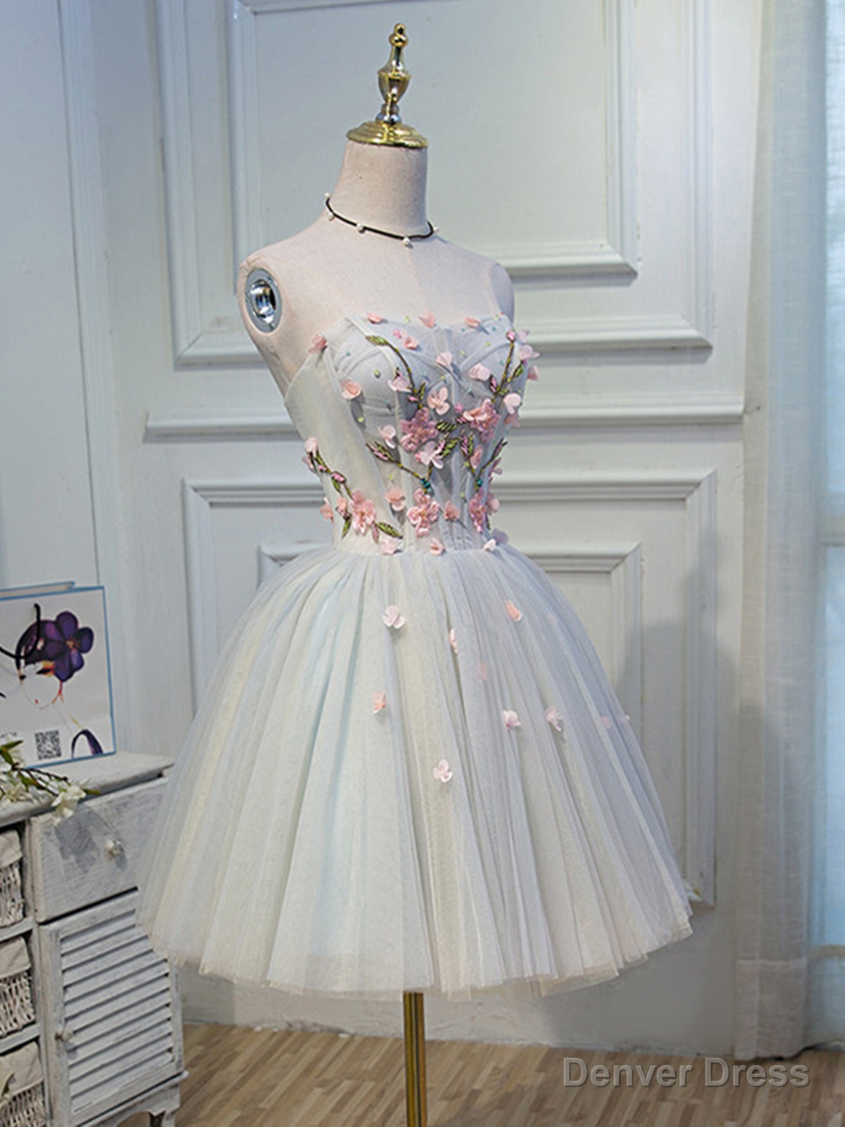 Short Light Green Tulle Prom Dress, Short Tulle Floral Prom Homecoming Dresses Secondary image