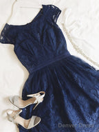 Short Navy Blue Lace Prom Dress, Dark Blue Short Lace Prom Bridesmaid Dresses