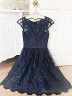 Short Navy Blue Lace Prom Dress, Dark Blue Short Lace Prom Bridesmaid Dresses