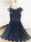 Short Navy Blue Lace Prom Dress, Dark Blue Short Lace Prom Bridesmaid Dresses