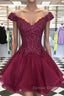 Short Off Shoulder Burgundy Lace Prom Dresses, Off The Shoulder Short Burgundy Lace Formal Homecoming Dresses