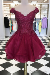 Short Off Shoulder Burgundy Lace Prom Dresses, Off The Shoulder Short Burgundy Lace Formal Homecoming Dresses