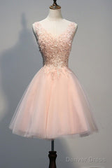 Short Open Back Pearl Pink Homecoming Dresses With Appliques