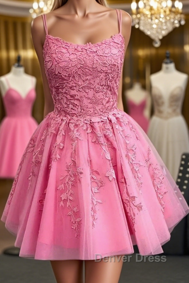 Short Pink Backless Lace Prom Dresses, Short Pink Open Back Formal Homecoming Dresses Main image