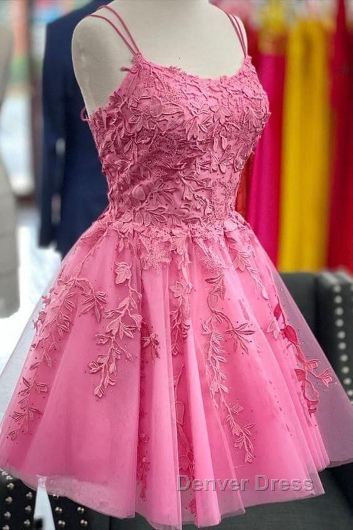 Short Pink Backless Lace Prom Dresses, Short Pink Open Back Formal Homecoming Dresses Secondary image