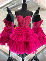 Short Pink Red Layered Lace Prom Dresses, Short Pink Red Layered Formal Homecoming Dresses