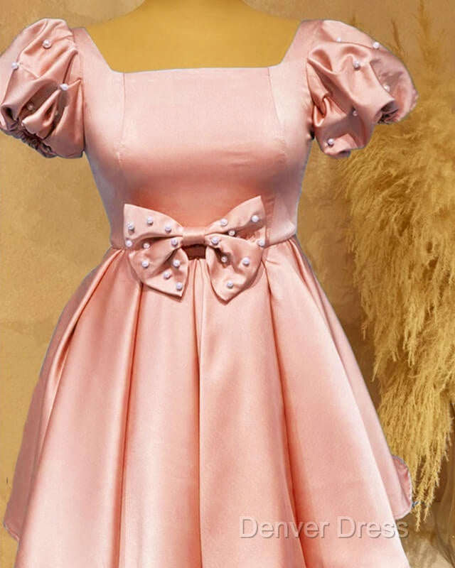 Short Pink Satin Prom Dresses With Bow