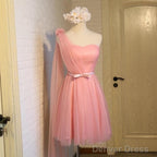 Short Pink Tulle Pleated Bridesmaid Dresses One Shoulder