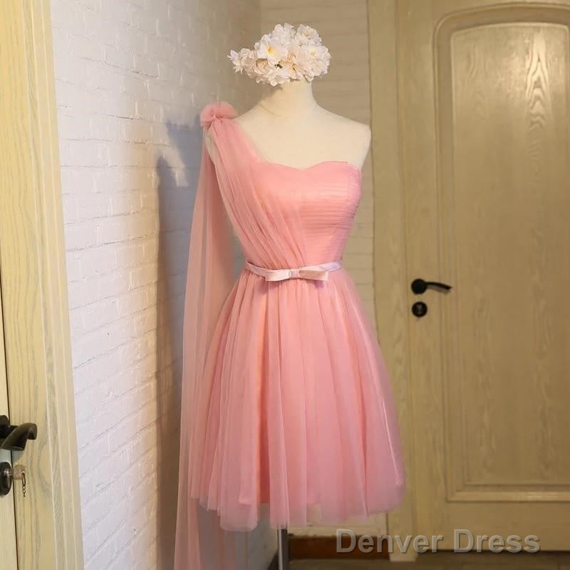 Short Pink Tulle Pleated Bridesmaid Dresses One Shoulder