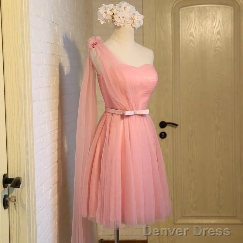 Short Pink Tulle Pleated Bridesmaid Dresses One Shoulder Main image