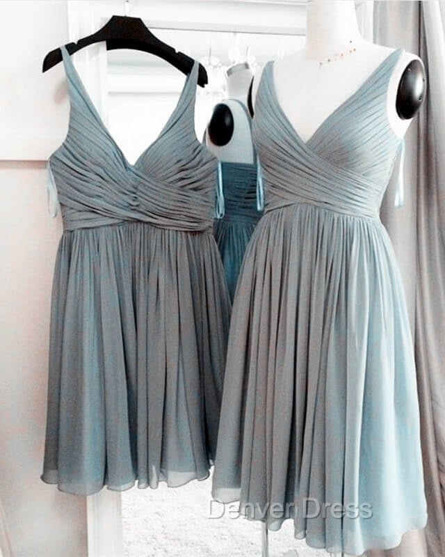 Short Pleated V Neck Chiffon Bridesmaid Dresses