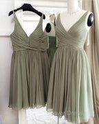 Short Pleated V Neck Chiffon Bridesmaid Dresses