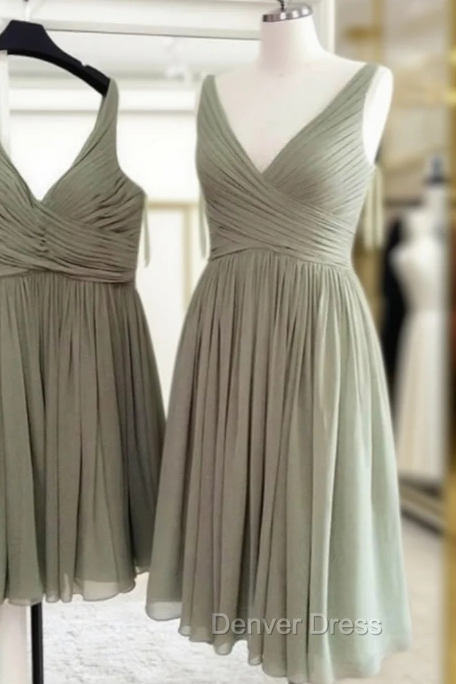 Short Pleated V Neck Chiffon Bridesmaid Dresses