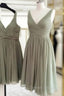 Short Pleated V Neck Chiffon Bridesmaid Dresses