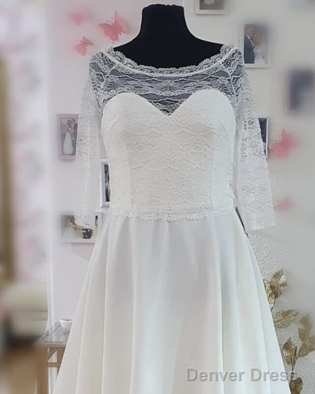 Short Plus Size Chiffon Wedding Dress With Lace Sleeve