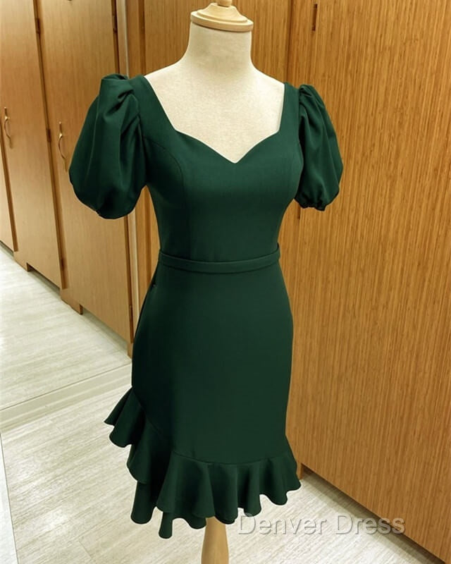 Short Puffy Sleeves Green Sheath Prom Dresses