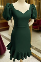 Short Puffy Sleeves Green Sheath Prom Dresses