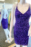 Short Purple Sequined V-Neck Party Dress Homecoming Dresses