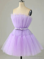 Short Purple Strapless Tulle Prom Dress, Short Lavender Tulle Graduation Homecoming Dresses
