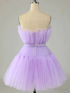 Short Purple Strapless Tulle Prom Dress, Short Lavender Tulle Graduation Homecoming Dresses