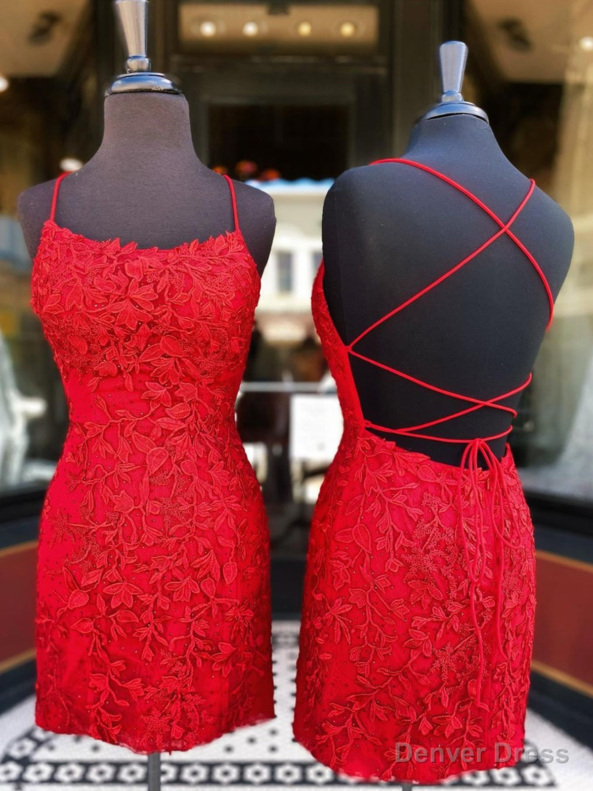 Short Red Backless Lace Prom Dress, Short Backless Red Lace Graduation Homecoming Dresses Main image