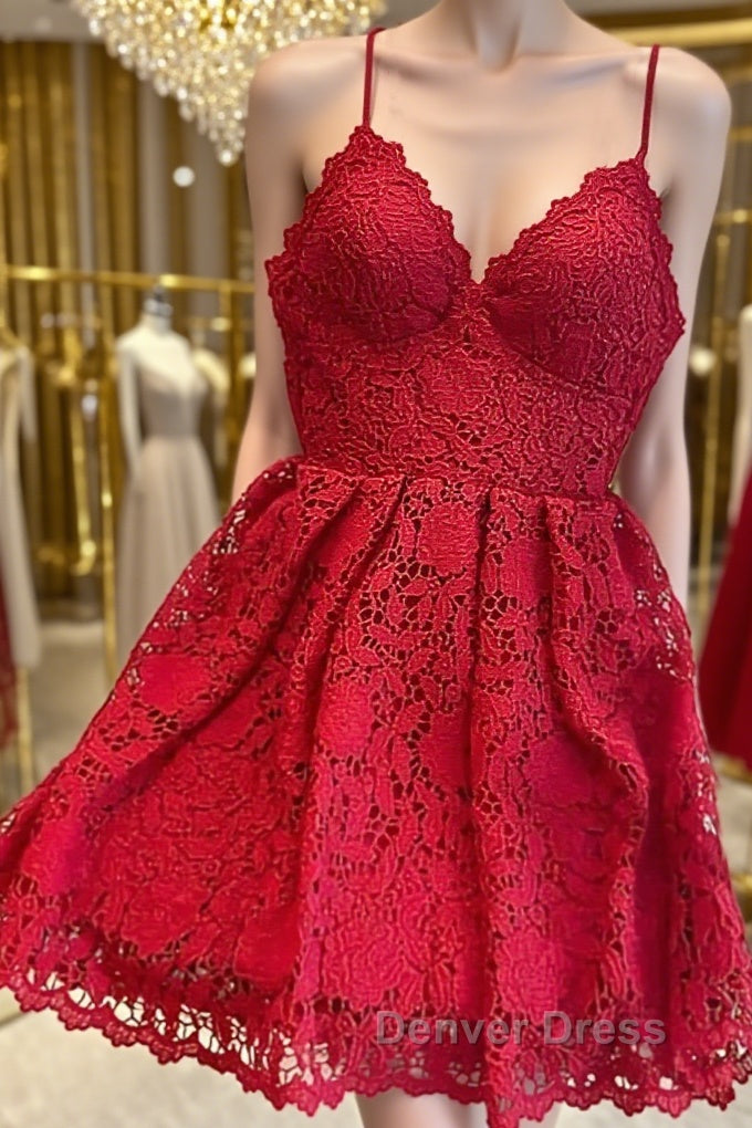 Short Red Lace Prom Dresses, Short Red Lace Formal Graduation Homecoming Dresses Main image