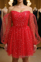 Short Red Long Sleeves Tulle Prom Dress, Short Red Long Sleeves Prom Homecoming Dresses
