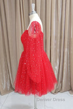 Short Red Long Sleeves Tulle Prom Dress, Short Red Long Sleeves Prom Homecoming Dresses